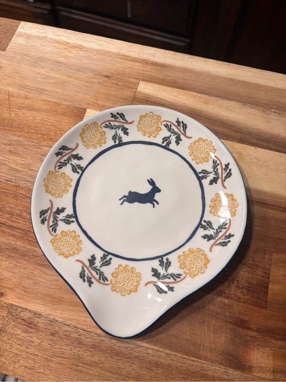 Anthropologie Ceramic Spoon Rest with Blue Hare and Yellow Floral Border